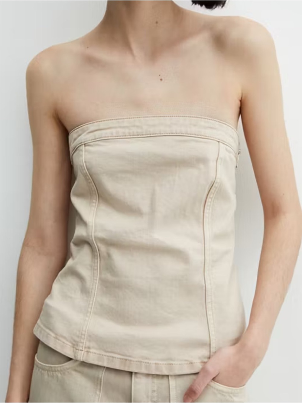 Mango Light Beige Denim Bustier Top
